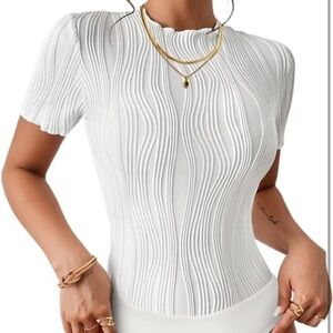 LilyCoco Womens Mock Neck Bodysuit Short Sleeve Body Suits Dressy white